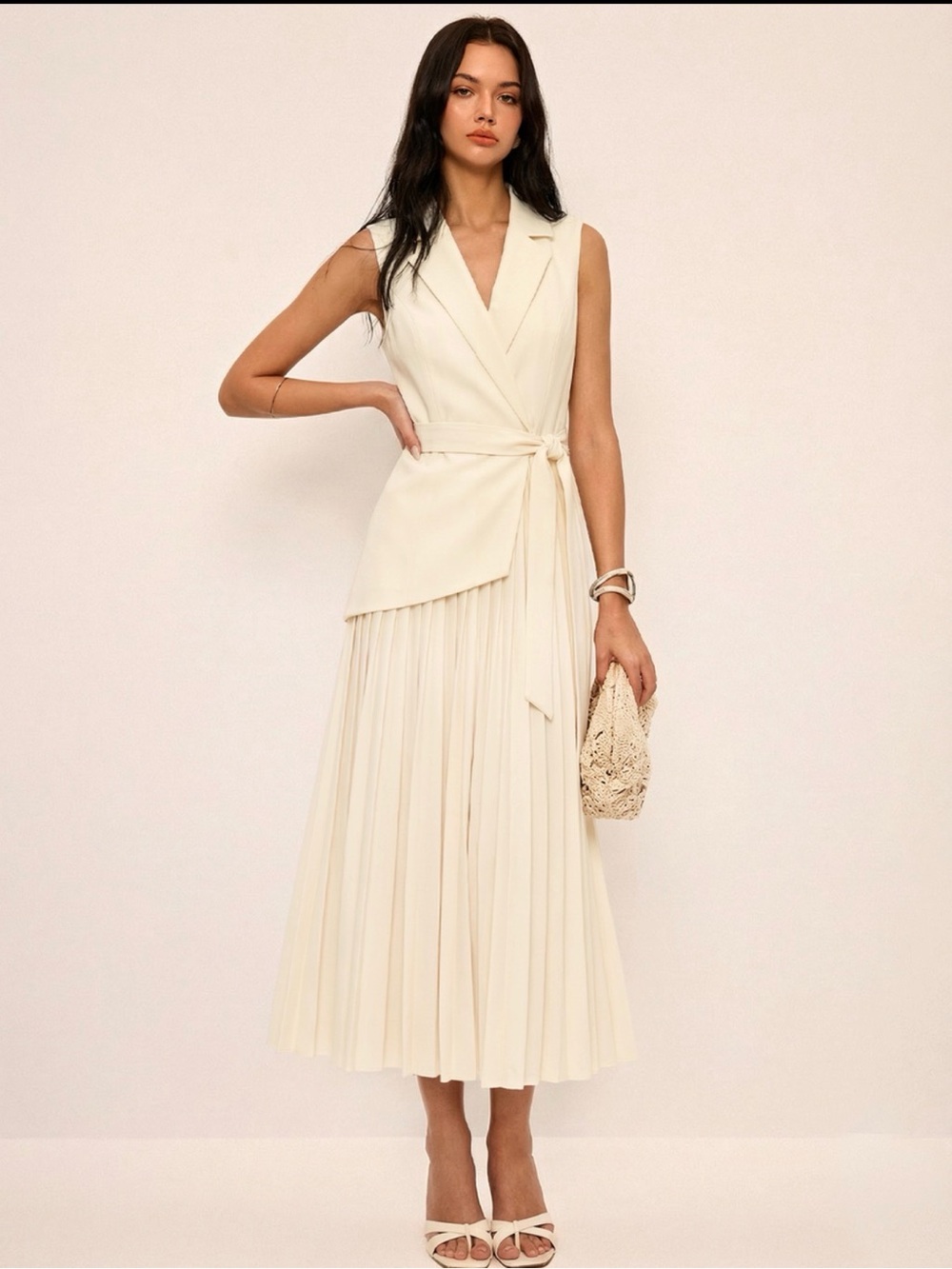 Commense Cream Sleeveless Belted Pleated Midi/Maxi Dress